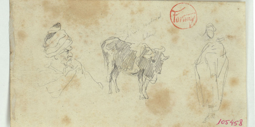 image for: Marià Fortuny - Cap de marroquí, bou i esbós de figura (anvers) / Esbós de marroquins (revers) - Cap a 1860-1862