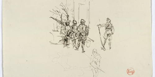 image for: Marià Fortuny - Arcabussers (anvers) / Esbós de figura i croquis inconcrets (revers) - Cap a 1870-1872