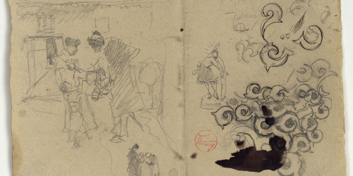 image for: Marià Fortuny - Figures en un interior, Crist a la columna i motiu ornamental (anvers) / Croquis inconcret (revers) - Cap a 1867-1872