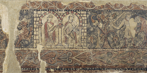 image for: Anònim. Aragó - Dama i joglar en un palau i lleó atacant un soldat, pintures profanes de Sixena - Cap a 1200