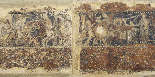 image for: Anònim. Aragó - Pintures profanes de Sixena: Combat de cavallers i soldat atacat per un lleó - Cap a 1200