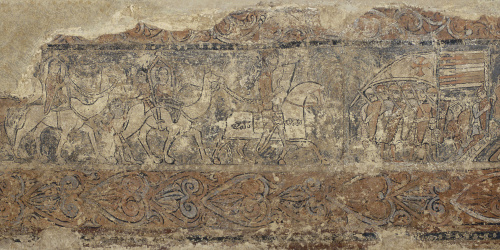 image for: Anònim. Aragó - Pintures profanes de Sixena: Comitiva de pelegrins i assalt d&#039;un castell (Sant Joan d&#039;Acre?) - Cap a 1200