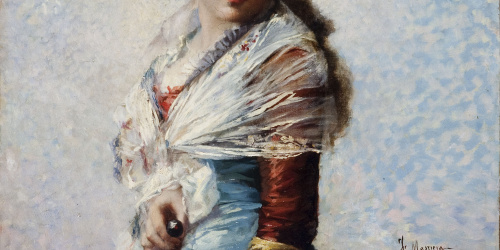 Francesc Masriera - Retrat de dona amb xal, barret i para-sol - 1878 image for: Francesc Masriera - Retrat de dona amb xal, barret i para-sol - 1878