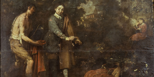 image for: Antoni Viladomat - Sant Francesc canvia la seva roba per la d&#039;un pobre - Cap a 1729-1733