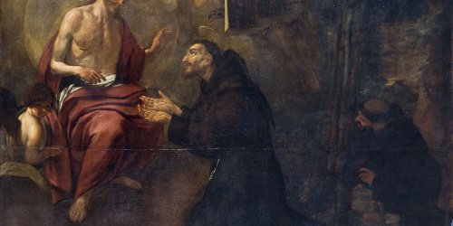 image for: Antoni Viladomat - Sant Francesc dóna tres monedes a Jesús, símbol del triple vot - Cap a 1729-1733