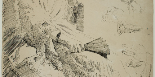 image for: Ernest Soler - Figura femenina asseguda i estudi de caps i mans (anvers) / Estudi d&#039;animals i caps (revers) - 1889