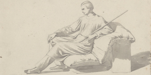 Claudi Lorenzale - Home amb túnica assegut i recolzat damunt uns coixins - Cap a 1850-1870 image for: Claudi Lorenzale - Home amb túnica assegut i recolzat damunt uns coixins - Cap a 1850-1870