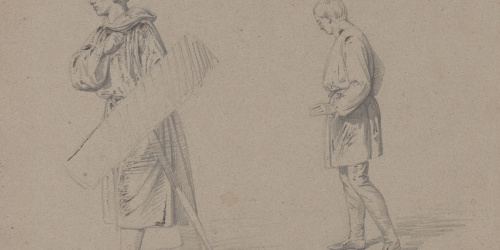 Claudi Lorenzale - Estudi de cavaller amb escut i espasa i figura masculina per al quadre històric de la família Centelles - Cap a 1850-1860 image for: Claudi Lorenzale - Estudi de cavaller amb escut i espasa i figura masculina per al quadre històric de la família Centelles - Cap a 1850-1860