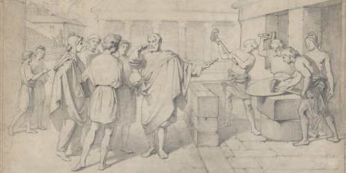 Claudi Lorenzale - Pitàgores amb els seus deixebles davant d'un taller de farga - Cap a 1850-1855 image for: Claudi Lorenzale - Pitàgores amb els seus deixebles davant d'un taller de farga - Cap a 1850-1855