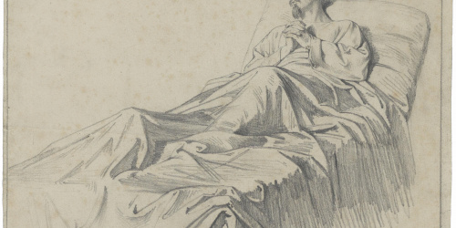 Claudi Lorenzale - Estudi d'home malalt al llit implorant la misericòrdia divina per al quadre «Mort del rei Pere III a Vilafranca» (anvers) / Estudi d'home malalt al llit implorant la... - Cap a 1870 image for: Claudi Lorenzale - Estudi d'home malalt al llit implorant la misericòrdia divina per al quadre «Mort del rei Pere III a Vilafranca» (anvers) / Estudi d'home malalt al llit implorant la... - Cap a 1870