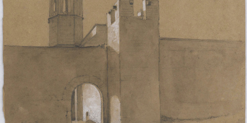 Claudi Lorenzale - Estudi del Monestir de Pedralbes per a la pintura (anvers) / Croquis de paisatge (revers) - Cap a 1840-1850 image for: Claudi Lorenzale - Estudi del Monestir de Pedralbes per a la pintura (anvers) / Croquis de paisatge (revers) - Cap a 1840-1850