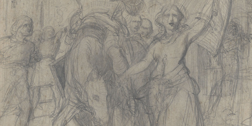 image for: Antoni Caba - Estudi per a la pintura «L'heroïna de Peralada» (anvers) / Croquis de l'entrada a una població per a la pintura «L'heroïna de Peralada» (revers) - Cap a 1864