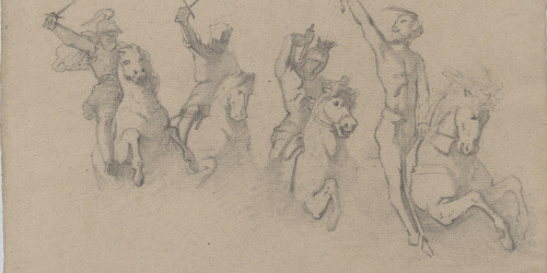 image for: Claudi Lorenzale - Quatre estudis per a una imatge de sant Jaume apòstol [?] - Cap a 1850-1870