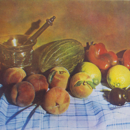 image for: Josep Maria Casals i Ariet - Natura morta amb morter, meló, pebrots i préssecs - No datat