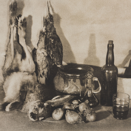 image for: Josep Maria Casals i Ariet - Natura morta amb conill, au, alls i ampolla de vi - Cap a 1930-1950