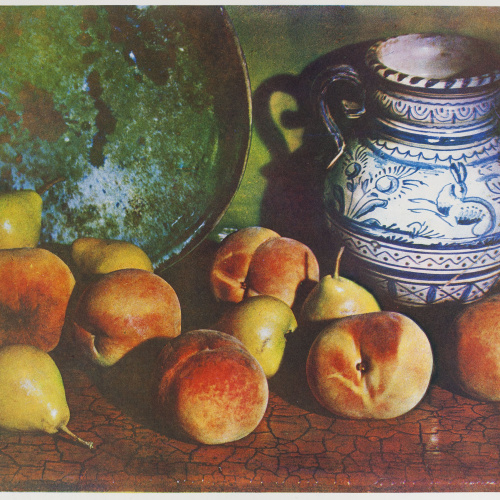 image for: Josep Maria Casals i Ariet - Natura morta amb plat, gerra de ceràmica, préssecs i peres - Cap a 1968