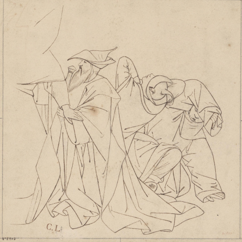 image for: Claudi Lorenzale - Tres homes vestits amb capa i barret - Cap a 1840-1850
