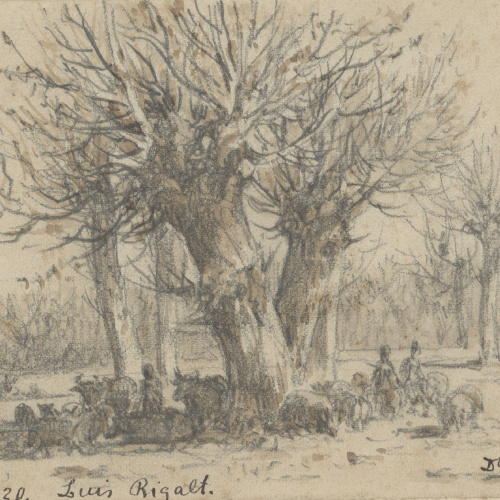 image for: Lluís Rigalt - Paisatge amb gent i bestiar sota uns arbres - Desembre de 1875