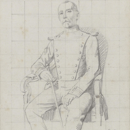 image for: Claudi Lorenzale - Retrat de militar (anvers) / Croquis d'element arquitectònic (revers) - Cap a 1860-1880