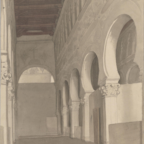 image for: Claudi Lorenzale - Santa Maria la Blanca a Toledo [?] (anvers) / Croquis de Santa Maria la Blanca a Toledo [?] (revers) - Cap a 1845