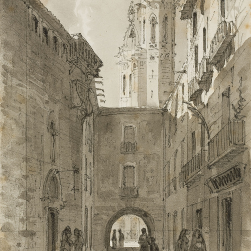 image for: Lluís Rigalt - Carrer de Barcelona amb Santa Maria del Mar al fons - Cap a 1873-1874