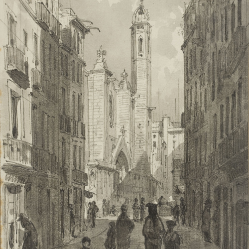 image for: Lluís Rigalt - Carrer de l&#039;Argenteria amb Santa Maria del Mar al fons - 1873