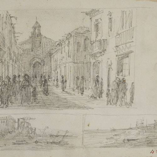 Lluís Rigalt - Esbossos de carrer amb església i marines - Cap a 1860-1870 image for: Lluís Rigalt - Esbossos de carrer amb església i marines - Cap a 1860-1870