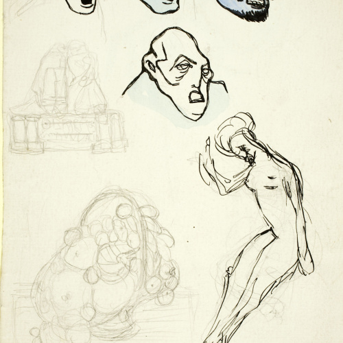 image for: Ismael Smith - Rostres masculins, nu femení, projecte de monument i cistell de fruita (anvers) / Croquis de nu femení (revers) - Cap a 1908-1924