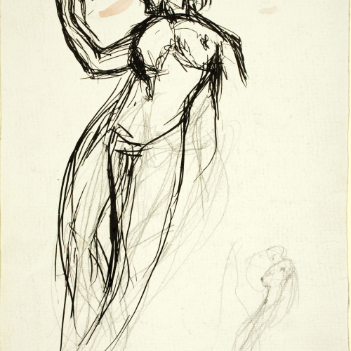image for: Ismael Smith - Rostres masculins, nu femení, projecte de monument i cistell de fruita (anvers) / Croquis de nu femení (revers) - Cap a 1908-1924 [1]