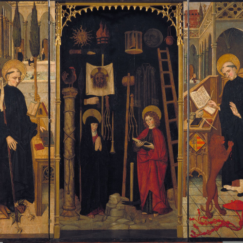 image for: Anònim - Tríptic de la Crucifixió, sant Macari i sant Jeroni - Segona meitat del segle XV