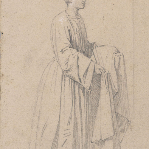 image for: Claudi Lorenzale - Estudi de dona amb un llenç a les mans per a la pintura del Naixement de la Mare de Déu del retaule de l&#039;altar major de la catedral de Solsona - Cap a 1854-1856