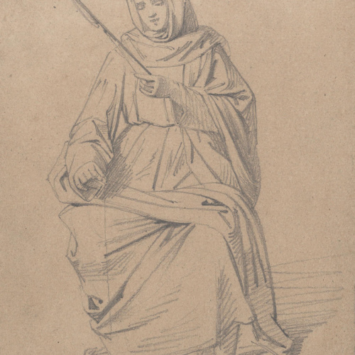 image for: Claudi Lorenzale - Estudi de dona filant per a una de les escenes del cicle de la Vida de la Mare de Déu per al retaule de l&#039;altar major de la catedral de Solsona - Cap a 1854-1856