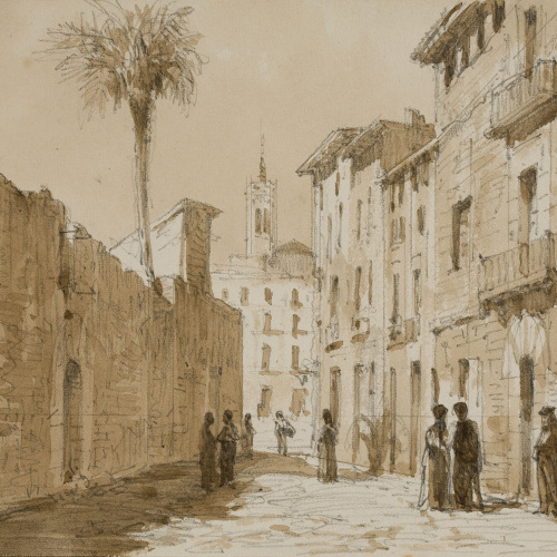 image for: Lluís Rigalt - Vista d&#039;un carrer amb figures - Cap a 1873-1874