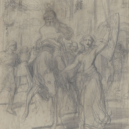image for: Antoni Caba - Estudi per a la pintura «L&#039;heroïna de Peralada» (anvers) / Croquis de l&#039;entrada a una població per a la pintura «L&#039;heroïna de Peralada» (revers) - Cap a 1864
