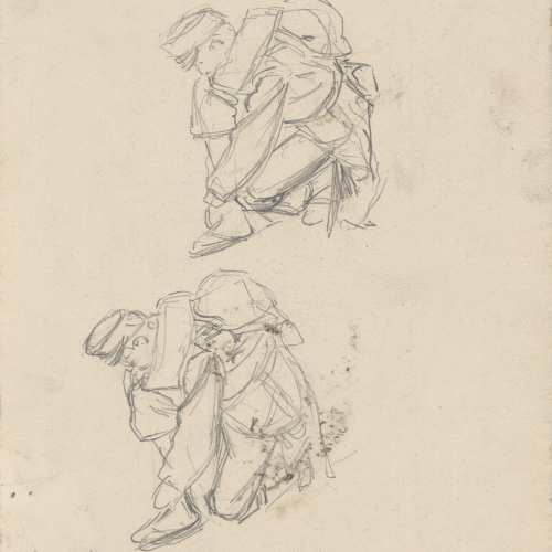 image for: Josep Lluís Pellicer - Apunts de soldat (anvers) / Croquis de nu masculí (revers) - Cap a 1872-1876