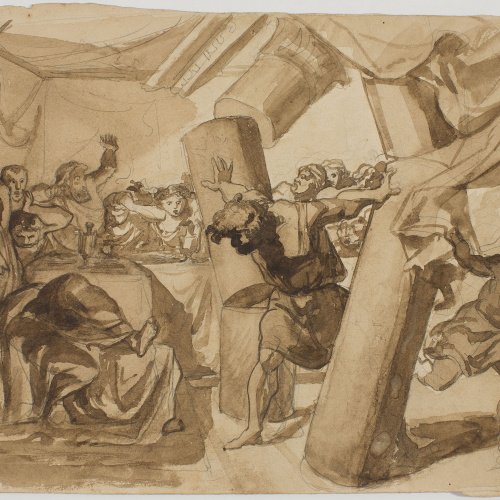 image for: Francesc Torras - Samsó derrocant les columnes del Temple (anvers) / Croquis d&#039;un cap (revers) - Cap a 1860-1870