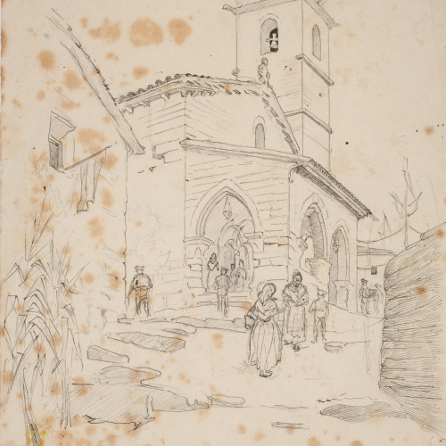 image for: Josep Lluís Pellicer - Carrer de poble amb església - Cap a 1889