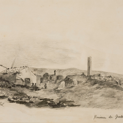 image for: Francesc Gimeno - Ruïnes de Fullola-Tortosa (anvers) / Estudi d'una estàtua antiga (revers) - Cap a 1878