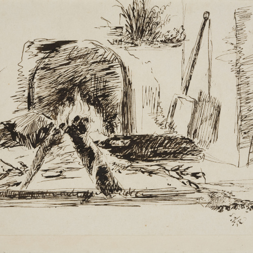image for: Francesc Gimeno - Dona amb un xai (anvers) / Apunt d&#039;una llar de foc encesa, plantes i un rostre femení (revers) - Cap a 1875-1880 [1]
