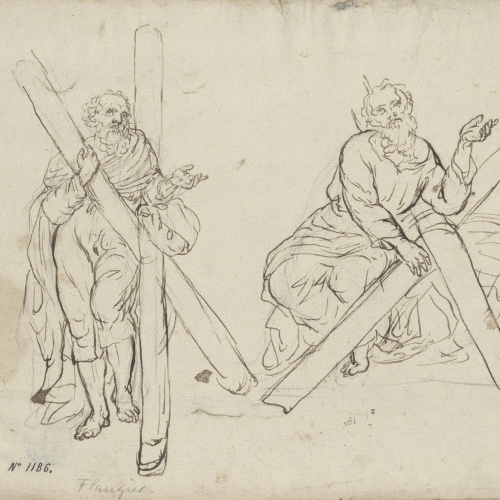 image for: Josep Bernat Flaugier - Estudis per a una figura de sant Andreu (anvers) / Esbossos (revers) - Cap a 1800-1812