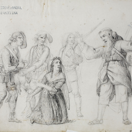 image for: Josep Bernat Flaugier - Miquelets i sometents escorcollant una dona - Cap a 1809-1812