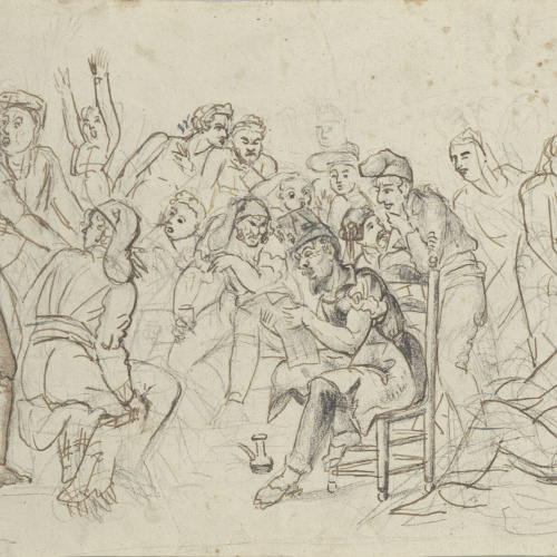 image for: Josep Bernat Flaugier - Grup de soldats escoltant notícies de la guerra (anvers) / Croquis (revers) - Cap a 1809-1812