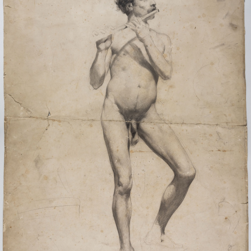 image for: Andreu Solà - Nu masculí tocant la flauta (anvers) / Estudi de caps, nu masculí i concert (revers) - Cap a 1880-1885