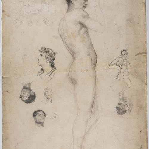 image for: Andreu Solà - Nu masculí tocant la flauta (anvers) / Estudi de caps, nu masculí i concert (revers) - Cap a 1880-1885 [1]
