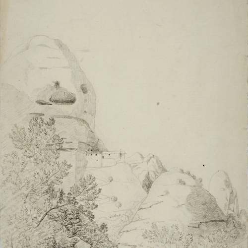 image for: Alexandre de Laborde - Ermita de Sant Jaume (anvers) / Croquis amb una vista del monestir de Montserrat (revers) - Cap a 1801-1803