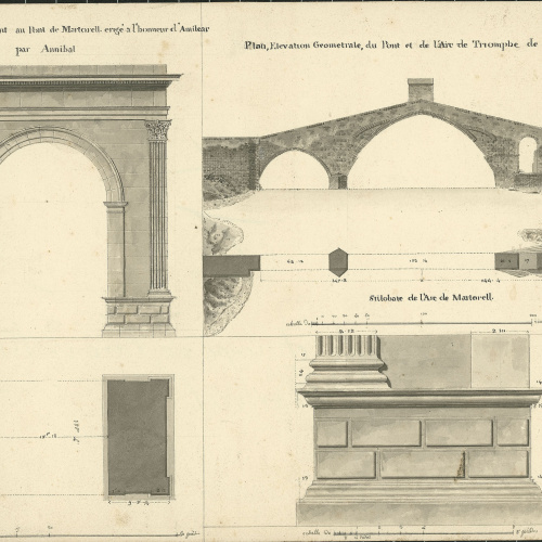 image for: François Ligier - Plantes, alçats i detalls del pont romà i de l&#039;arc de triomf de Martorell - Cap a 1801-1803
