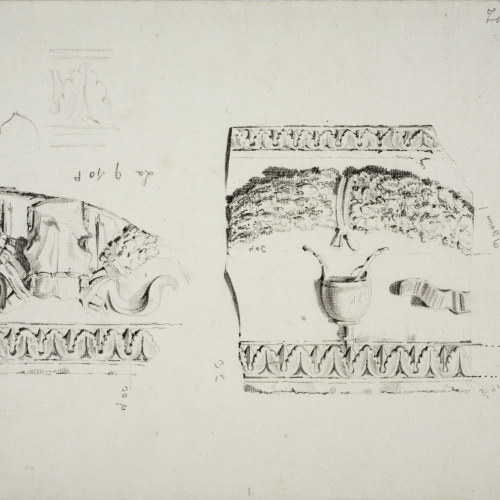 image for: François Ligier - Dos detalls del fris del palau d&#039;August a Tarragona (anvers) / Croquis de peu (revers) - Cap a 1801-1803