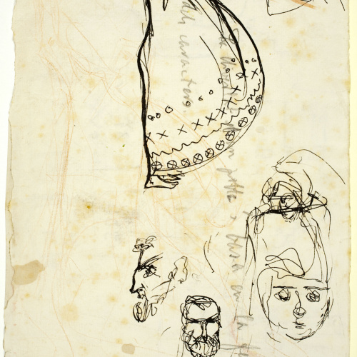 image for: Ismael Smith - Croquis de rostres maculins i inscripció manuscrita (anvers) / Motius arquitectònics (revers) - Cap a 1910-1919