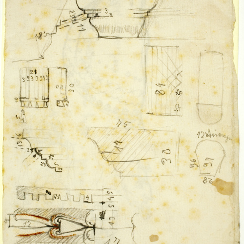 image for: Ismael Smith - Croquis de rostres maculins i inscripció manuscrita (anvers) / Motius arquitectònics (revers) - Cap a 1910-1919 [1]