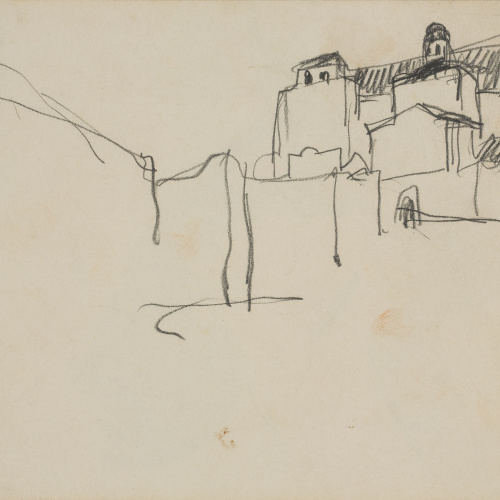 image for: Lluís Bagaria Bou - Apunt de caricatura del cap de Joan Colom (anvers) / Croquis arquitectònic (revers) - Primera meitat del segle XX [1]